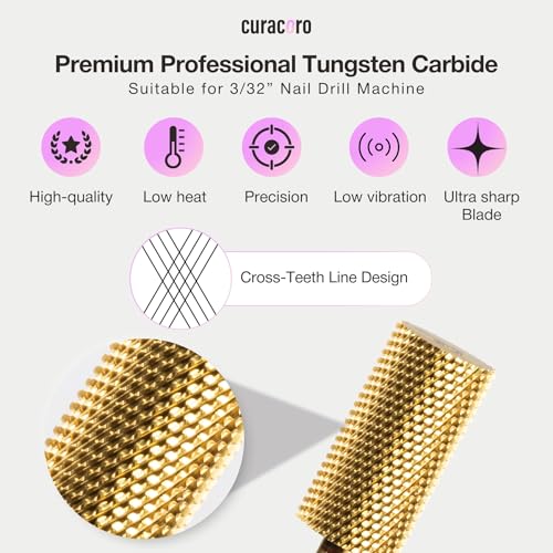 Curacoro Nail Drill Bits 3/32'' Large Barrel Carbide Bit (Fine) - color: Yellow Titanium - Large Barrel Bit, size: Fine