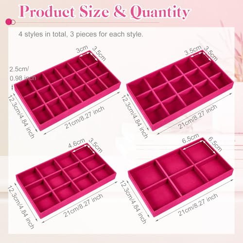 Junkin 12 Pcs Velvet Jewelry Organizer Tray, Stackable Storage - color: Rose Red