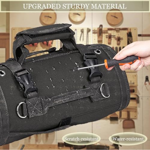 Roll Up Tool Bag, Portable Folding Tool Roll with Detachable Pouch - color: Black