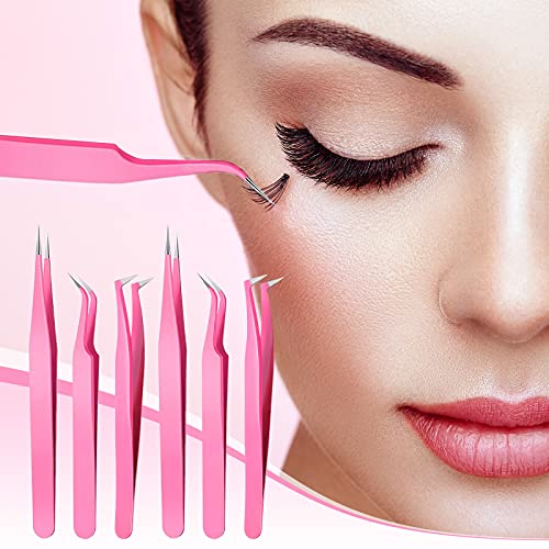 Mudder 6 Pack Lash Tweezers Set for Eyelash Extension, Pink - color: Pink