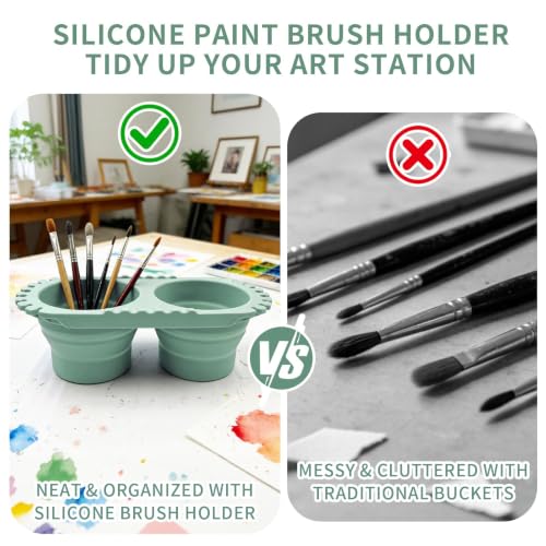 Paint Brush Cleaner Cup, Foldable Silicone Brush Cleaning Rinse Cup with Dual Compartment Cleaning Container and Brush Holder for Acrylic, Watercolor & Art Supplies - color: Green