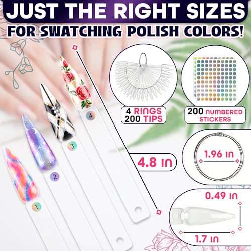 200 Pcs Nail Swatch Sticks Stiletto with 4 Metal Rings & Numbering Stickers - color: 200 Pcs Clear Acrylic Nail Swatch Sticks Stiletto