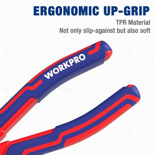 WORKPRO Premium 6" Bent Needle Nose Pliers(Smooth Jaw), Paper Clamp Precision, Heavy-Duty CRV Steel, Soft Grip with Wire Cutter, Long Nose Cutting Pliers - size: 6" Bent