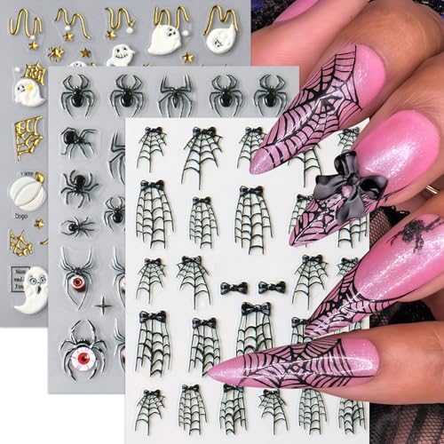 3 Sheets Halloween 5D Embossed Cute Ghost Nail Stickers Self-Adhesive Spider Web Spiders Nail Decals Horror Eyes Spider Nail Art Supplies Nail Accessories for Women Acrylic Manicure Holiday Supplies - style: pumpkin
