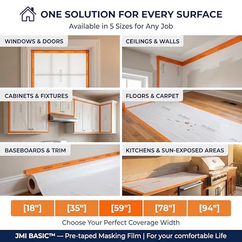 Pre-Taped Masking Film Sets - Multi Pack, Orange Tape and Drape Painters Plastic Sheeting for Painting, High Visibility Paint Plastic Covering Overspray Protection - 65 Feet (3, 94 Inch) - size: 94 Inch