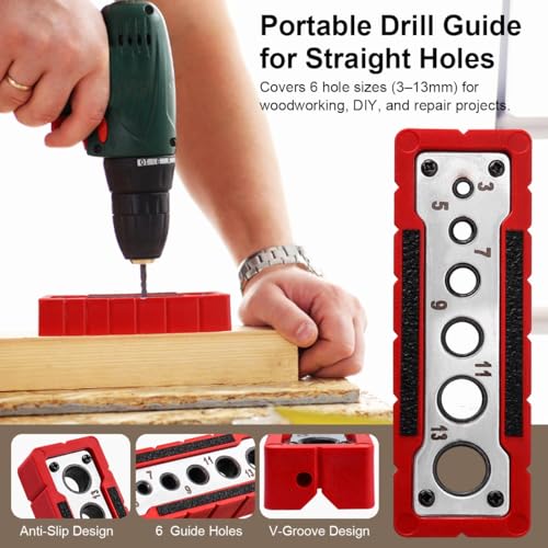 Drill Block Guide for Straight Holes, Portable Handheld Drill Guide Jig, 3-13mm Hole Locator, with V-Groove Design