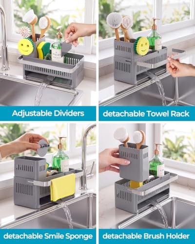Nieifi Sponge Holder, Grey Rustproof ABS Sink Caddy with Towel Rack - color: Gray