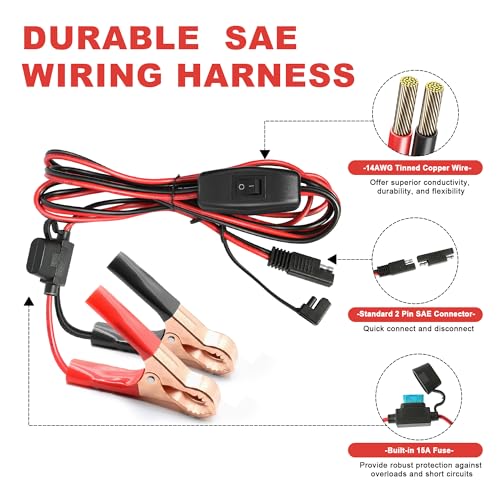 SAE Battery Alligator Clips Wire Harness with On/Off Switch 7.9ft/2.4m 16AWG, 12V Alligator Clips with Wires for Sprayer Parts, Sprayer Pump, Battery Charger, Solar Power Charging Extension Cable - size: 7.9ft 16AWG - 2Pack