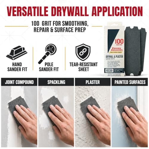 Virginia Abrasives Drywall & Plaster Sandpaper Sheets,4.18"x11.25",100 Grit - style: Medium