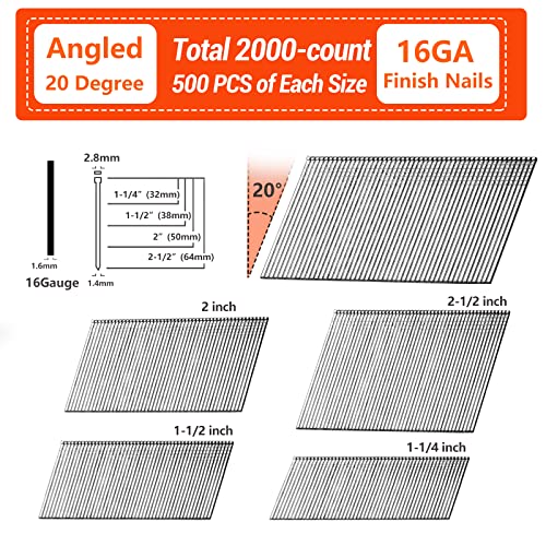 16 Gauge Angled Finish Nails 20-Degree 2000-Pack 4 Sizes Galvanized - size: 4 SIZES-2000 pcs
