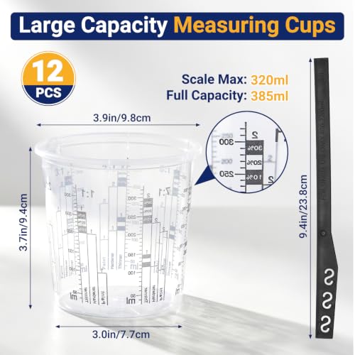 Gartful 12 Pack 10oz 320ml Clear Plastic Paint Mixing Cups with 12 Stir Sticks - Disposable Graduated Measuring Cups for Paint, Resin & Epoxy with ML Scale & 3-Column Ratios (1:1-7:1) for DIY Crafts - size: 10oz / 320ml