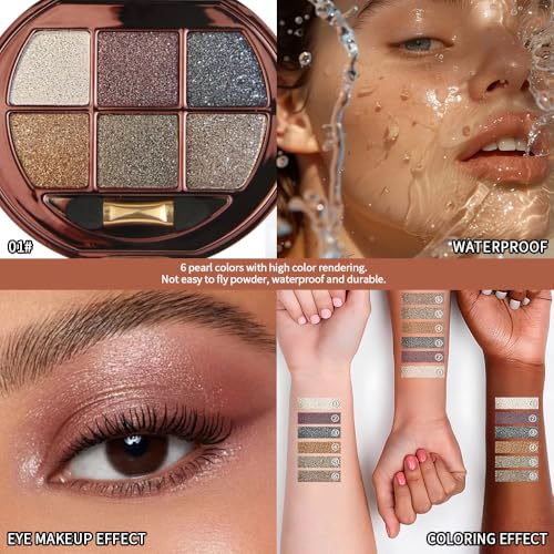 Neutral Brown Gold Shimmer Eyeshadow Palette with Mirror and Sponge Applicator, 6 Colors High Pigment Frost Shimmery Everyday Eye Shadow Makeup for Older Women, Brightening Eye Travel Size 01# - color: L-#01