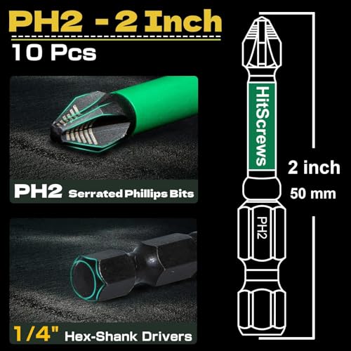 2 Inch Anti Slip Phillips Impact Driver Bits #2, New Precision Laser-Etched Micro-Slip Grip, S2 Steel Ph2 Magnetic Screwdriver Bits For Heavy-Duty Repairs & Home Improvement | 10 Pack - size: 2 Inch, 10 Pack, style: PH2