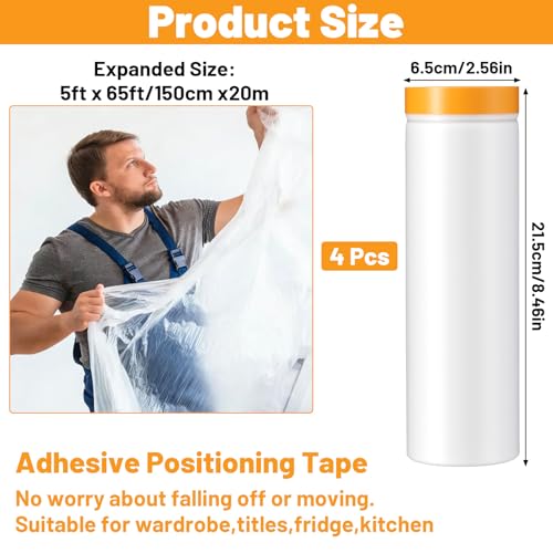 Pre-Taped Masking Film, 5 ft x 65 ft Painters Plastic Sheeting