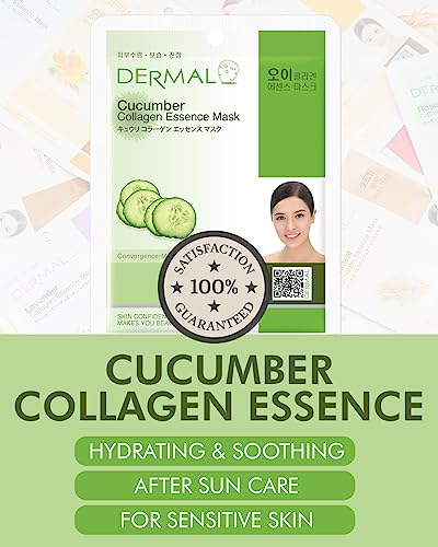 DERMAL Cucumber Collagen Cooling Sheet Mask, Soothing Hydration, 10 Pack - color: Cucumber