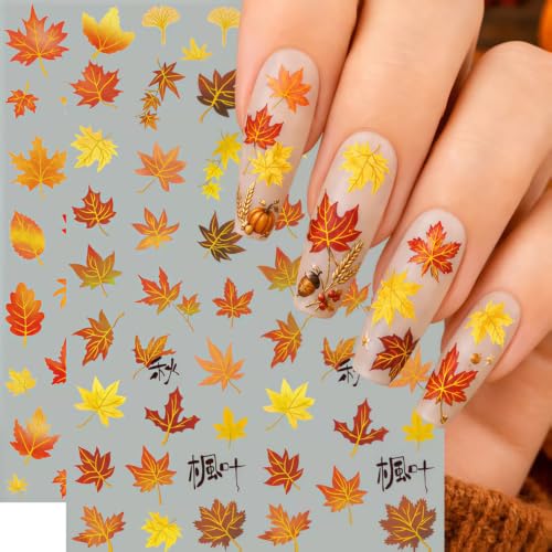 Fall Nail Art Stickers 2 Sheets 5D Embossed Autumn Maple Leaf Nail Decals Self Adhesive Thanksgiving Day Nail Design Decals Fall Maple Leaves Nails Stickers for Women Thanksgiving Day DIY Manicure - color: Orange Fall