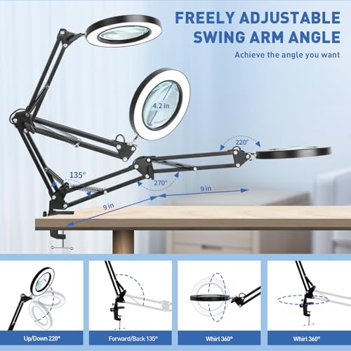 HITTI 10X Magnifying Glass with Light, 1,800 Lumens Stepless Dimmable - color: Black, size: 10X 9.06 INCH Base & Clamp