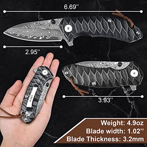 AUBEY Damascus Pocket Knife for Men, Forged 2.95" Damascus Steel Blade DMHY