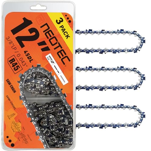 NEO-TEC Chainsaw Chain 12 Inch 3/8" LP Pitch .043" Gauge 45 Drive Links Fits 20V DCCS620, Milwaukee M18 FUEL, Kobalt 1224, WG350/ 380, LCS1240-DWO1DT612, R45 (3 Chains)-Semi Chisel - size: 12" 3/8"LP .043" 45DL *3Pcs