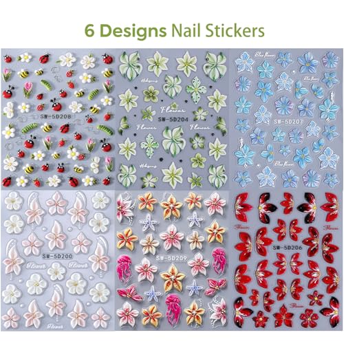 Flower Nail Art Stickers Decals 6 PCS 5D Embossed Hibiscus Decals for Nails Art Lily Hibiscus Starfish Jellyfish Daisy Bee Ladybugs Designs Summer Tropical Floral Nail Decoration for Women - style: 5D Hibiscus Flower