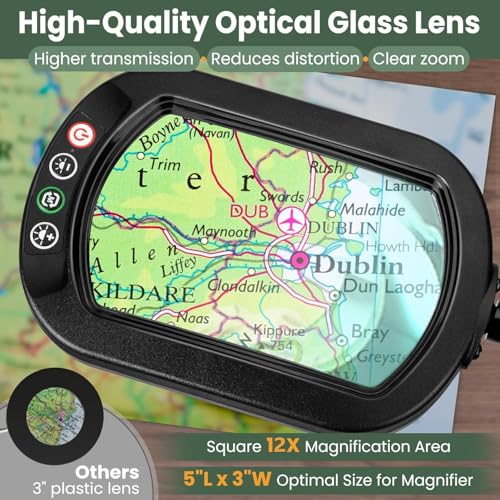 12X Magnifying Glass with Light and Stand, Rectangular Real Glass Lens, 5 Color Modes, Stepless Dimmable, 24" Flexible Gooseneck 3-in-1 Floor Lamp, Lighted Magnifier Hands Free for Craft Hobby Reading