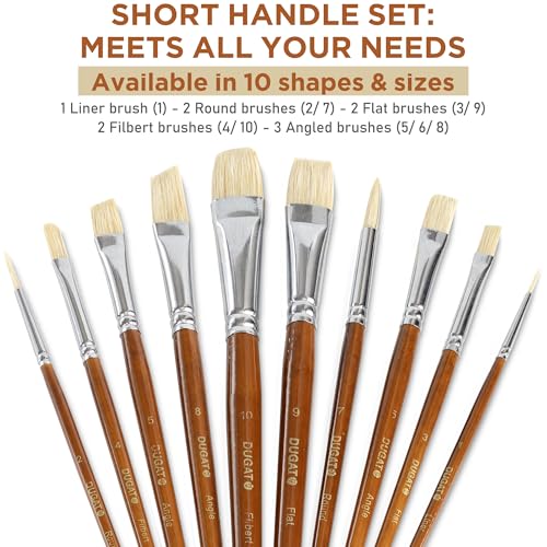 DUGATO Short Handle Artist Paint Brush Set, 10-Piece Hog Hair Bristle - color: Brown