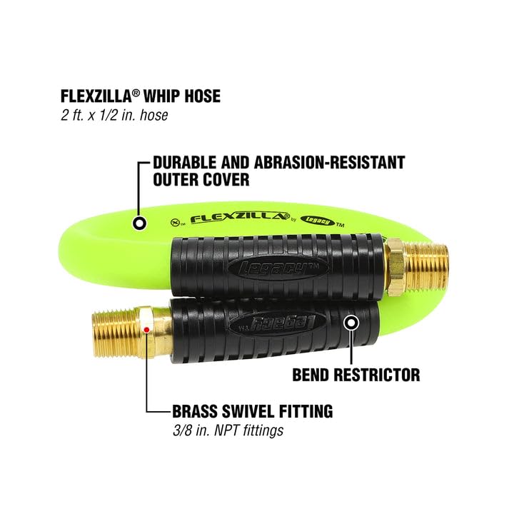 Flexzilla Swivel Whip Air Hose 2 Feet | 1/2" Hose I.D. and 3/8" Fittings | Extreme All-Weather Flexibility | Durable and Abrasion-Resistant Outer Cover, 3/8" NPT Ends - size: 1/2" (inch) x 2' (feet)
