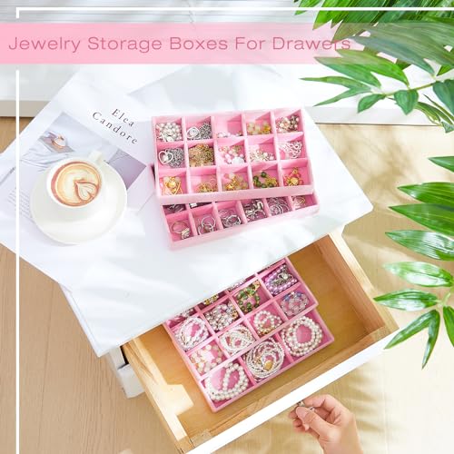 Junkin 12 Pcs Velvet Jewelry Organizer Tray, Stackable Storage - color: Pink
