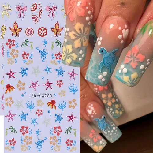 3D Flower Nail Stickers Decals 12 Sheets Spring Summer Floral Butterfly Ocean Nail Art Decals Self-Adhesive Tropical Hibiscus Fish Sea Star DIY Nails Decoration Manicure Accessories for Women - style: Tropical Flower