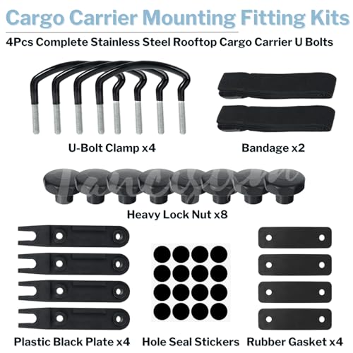 4 Pcs Roof Box U-Bolt Clamps, Upgraded Rooftop Cargo Carrier Rack Bolts, Car Van Mounting Fitting Kit 85mm Inner Width Metal U-Bracket Clips w/ 8 Lock Nuts 2 Straps