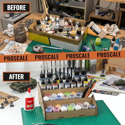 PROSCALE Universal Paint Organizer Rack for Miniatures Modeling Paint Holder for all kind of Bottles + Brush/Tool Slots Compatible with Citadel, Vallejo, Army Painter, Tamiya, others (Module B) - color: Paint rack B