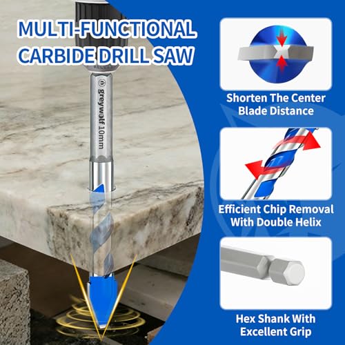 Greywolf 10 pcs Diamond Drill bit Set, Tile Drill bits, Suitable for Ceramic, Glass, Porcelain, Marble, and Granite in Drilling Holes, Hexagonal Shank Tile Drill bits with Cooling Wax, 5/6/8/10/12mm