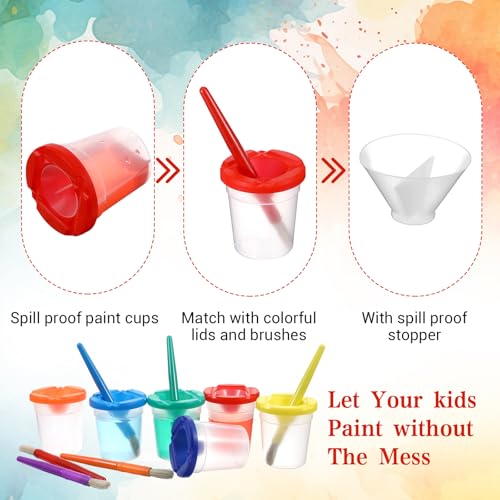 20 PCS No Spill Paint Cups with Lids, Painting Cups and Brushes Set, Spill Proof Paint Brush Cup Art Supplies for Learning Activities