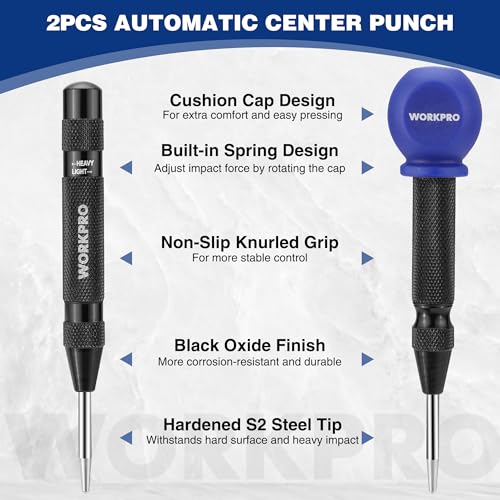 WORKPRO 2PCS Automatic Center Punch, Adjustable Spring Loaded Center Punch - style: 2pcs Auto Center Punches with a Replacement Tip