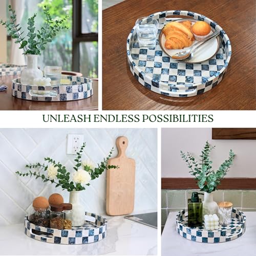 CHI AN HOME 12.6" Capiz Shell Round Decorative Tray with Handles, Navy Blue - color: Navy Blue