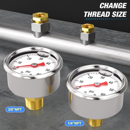 MEANLIN MEASURE 0~60Psi Stainless Steel 1/8" NPT 1.5" FACE DIAL, Glycerin Filled Pressure Gauge, Liquid Filled, Water Oil Air, Back Mount, with 1/4" NPT and 3/8" NPT Hex Bushing - size: 0-60Psi