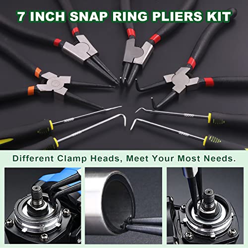 Keadic 8Pcs 7Inch Snap Ring Pliers with Hook Set Includes Straight/Bent/Jaw/Tips C-Clip Pliers Kit, Heavy Duty Circlip Pliers Kit, Internal/External Precision Spring Loaded Plier for Ring Removing