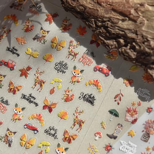 1 Sheet Thanksgiving Day Nail Stickers 5D Embossed Maple Leaves Nail Decals Self-Adhesive Autumn Fox Deer Nails Supplies Fall Leaves Nail Design Fall Leaf Nails Accessories for Women DIY Nail Decor - color: Maple Leaf Deer