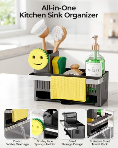 Nieifi Sponge Holder, Black Rustproof ABS Sink Caddy with Towel Rack - color: Black