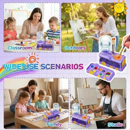Paint Brush Cleaner with Press-to-Clean Design, All-in-1 Brush Rinsing Station with Built-in Holder & Tray, Water Dispenser for Acrylic Watercolor Painting, Art Supplies Gift for Artists Kids Adults - color: 02 New Purple
