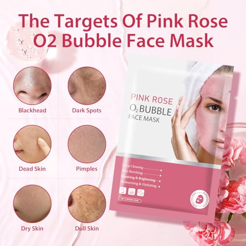 IREV Pack of 10 Pink Rose O2 Bubble Face Masks Skincare, Spa Presents for Women, Bubble Face Sheet Mask Cleaner Foaming Purifying Facial Mask for Acne and Pores Moisturizing Beauty Sheet Masks