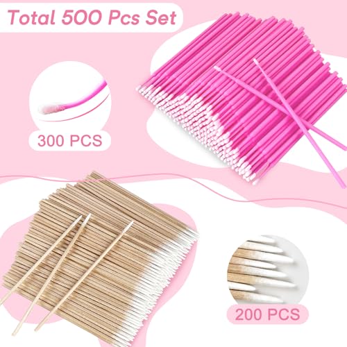 Micro Applicator Brushes & Microblading Cotton Swabs - Precision Beauty Supplies for Eyelash Extensions, Permanent Makeup, Brow Lamination, Lash Serum Applications - color: Pink - 300 Micro + 200 Pointed - 500 pcs