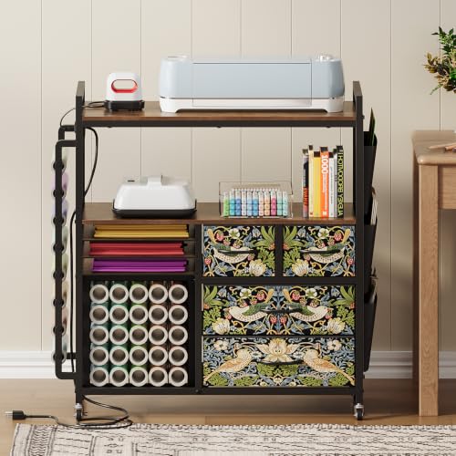 Rolling Craft Organizer and Storage Compatible with Cricut Machine Cart - color: Rustic Brown (Strawberry Thief)