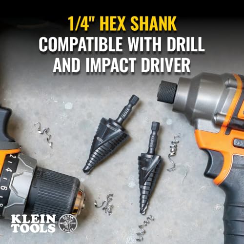 Klein Tools QRST01 Step Drill Bit, Quick Release Spiral Double-Fluted, 1/8 to 1/2-Inch, Hex Shank, Cut Steel, Wood, Plastic, Aluminum - size: 1/8 to 1/2-Inch, style: Quick Release