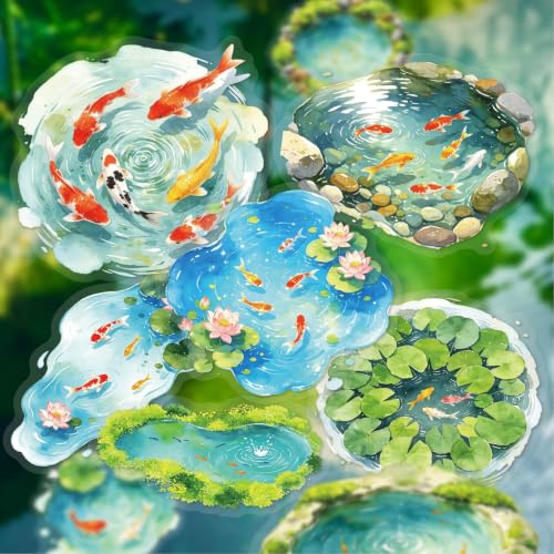 120 Pcs Watercolor Koi Pond PET Stickers, Water Lotus Decals Set - color: Clear Pond Reflecting Carp