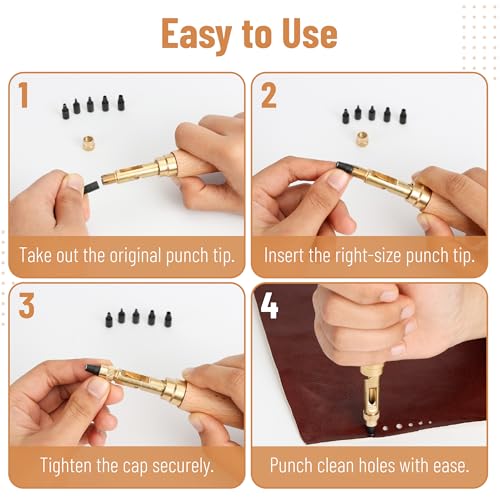 UNCO- Adjustable Leather Hole Punching Tool, 6 Sizes (1.5-4mm), Japanese Style Automatic Puncher with Wooden Handle, Hollow Hole Punch for Leather Belt, Bag, Wristband, Watch Strap, Shoe, Craft & DIY