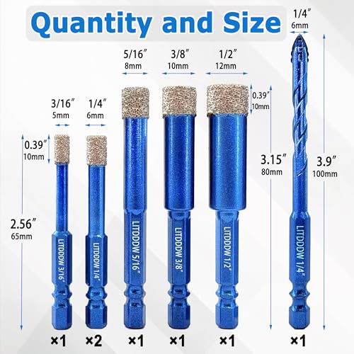 7-Pack Hex Shank Diamond Drill Bits & Carbide Tile Drill Bit Set, 5 Sizes - size: 7 Pcs 3/16"-1/2" Mixed Styles
