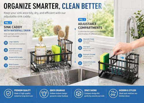 Kitchen Sink Caddy Organizer with Sloped Drain Tray, Black Sponge Holder with Utensil Holder Chopstick Cup, Fast Drain Drying Rack for Brush Soap Dispenser Countertop Storage
