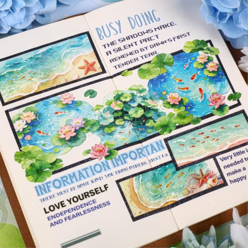 120 Pcs Watercolor Koi Pond PET Stickers, Water Lotus Decals Set - color: Clear Pond Reflecting Carp