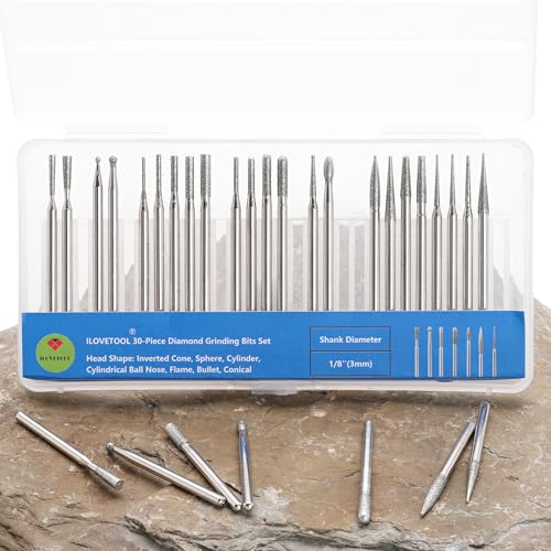 ILOVETOOL 30Pcs Diamond Drill bits Burr Set, 1/8 Inch Shank for Dremel, for Glass, Ceramic, Stone, Jewelry Making - Engraving, Carving, Polishing Bits - size: Shank 3mm(1/8-inch)